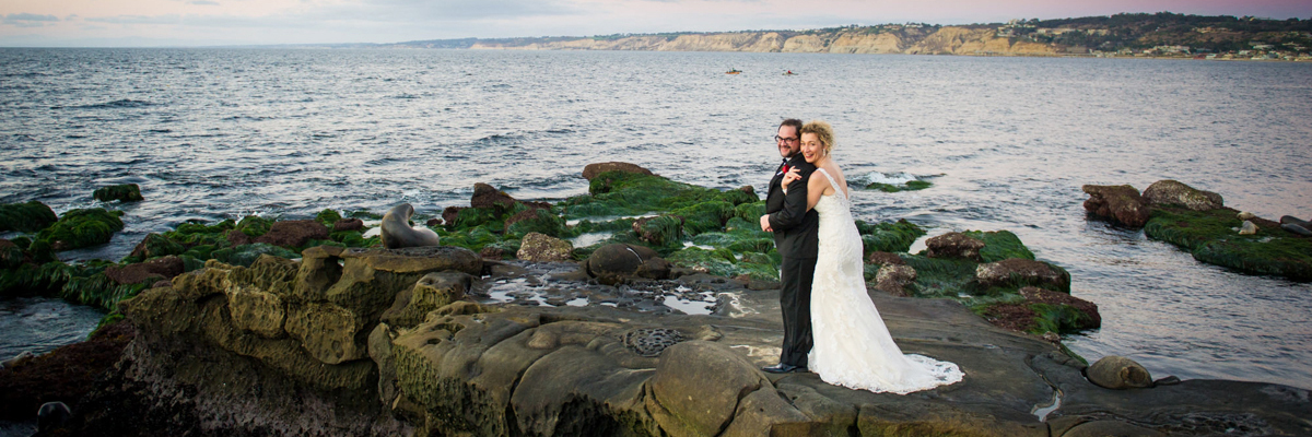 Bridal couple at La Jolla Cove - Photo by ABM Photography